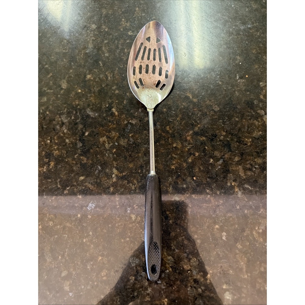 Ekco Chrome Plated Metal Slotted Spoon Black Handle Vintage Utensil Serving